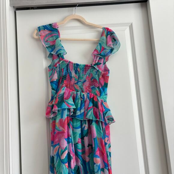 Show Me Your Mumu Reese Ruffle Midi Dress in Hibiscus Punch Crinkle Sz M - Picture 5 of 13